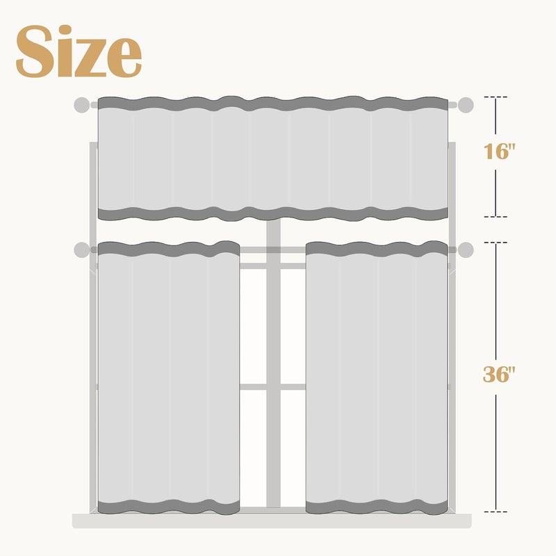 jinchan Boho Stripe Kitchen Curtains and Valance Set Linen Tier Curtains Bohemian Small Window Drapes 36 Inch for Cafe Living Room Bathroom Window Treatments Rod Pocket 3 Pieces Set Blue on Beige - Image 2